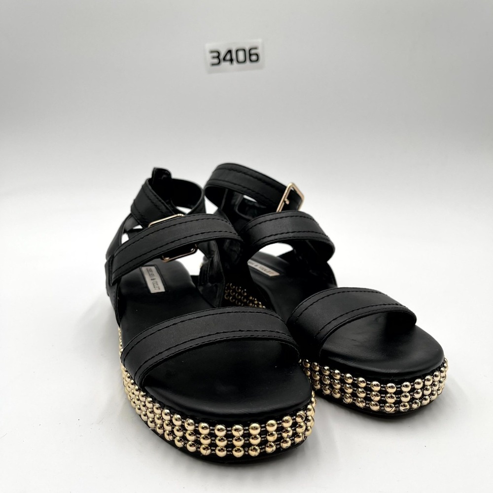 Chelsea & Violet Dax Women's 7 Strappy Black Pale Gold Studs Ankle Strap Sandals